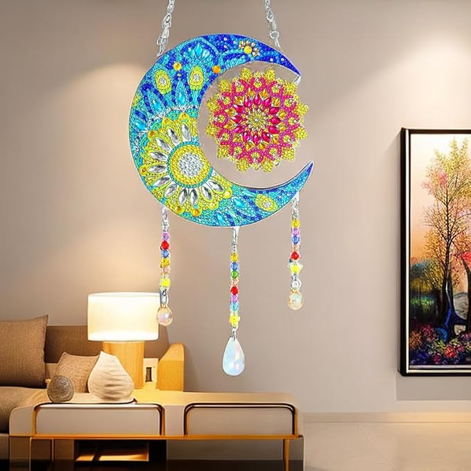 Sun & Moon Hanging Crystal Wind Chime – Rhinestone Suncatcher Ornament with Beaded Tassels for Window, Balcony, or Room Decor