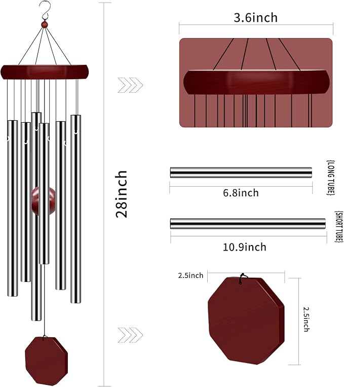28-Inch Outdoor Wind Chime – Tuned Aluminum Tubes with Wooden Catcher and Striker for Garden, Porch, Balcony & Yard Décor
