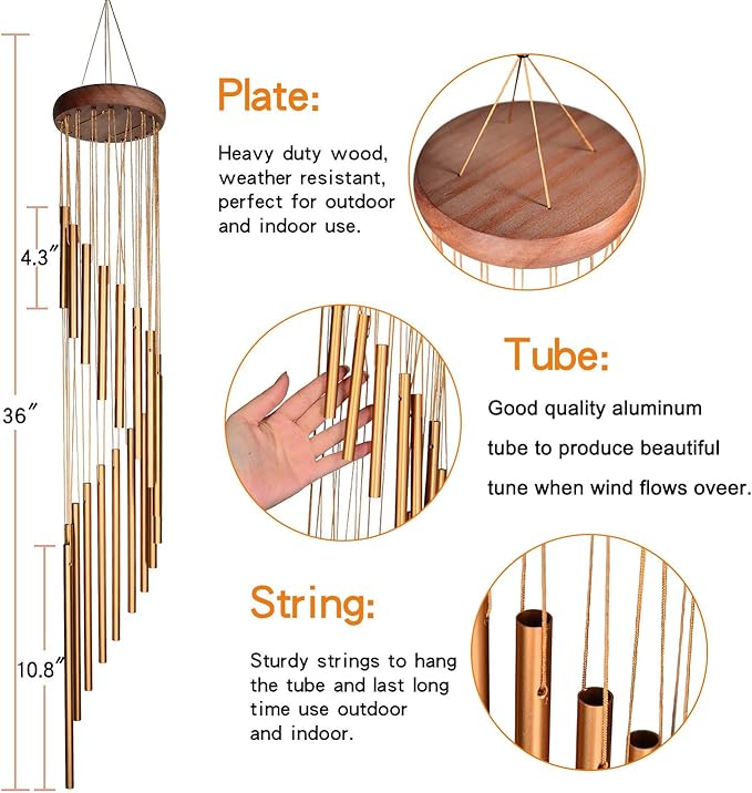 36-Inch Outdoor Wind Chime – Tuned Aluminum Long Tubes with Solid Wood Top for Garden, Porch, Balcony, Indoor & Outdoor Decoration