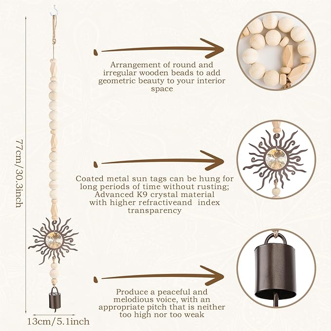 Nordic Sun Design Crystal Wind Chime – Wooden Beads & K9 Crystal Hanging Decor for Indoor & Outdoor (30.3 inch)