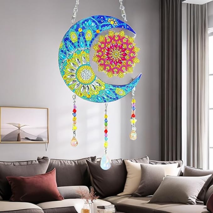 Sun & Moon Hanging Crystal Wind Chime – Rhinestone Suncatcher Ornament with Beaded Tassels for Window, Balcony, or Room Decor