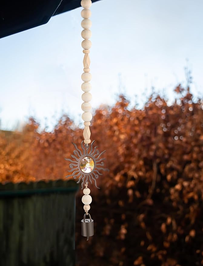 Nordic Sun Design Crystal Wind Chime – Wooden Beads & K9 Crystal Hanging Decor for Indoor & Outdoor (30.3 inch)