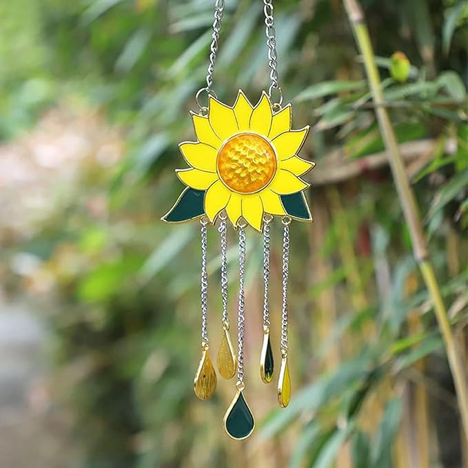 Sunflower Wind Chime Hanging Ornament – Metal & Glass Teardrop Pendant Chime for Window, Balcony, or Garden Decor