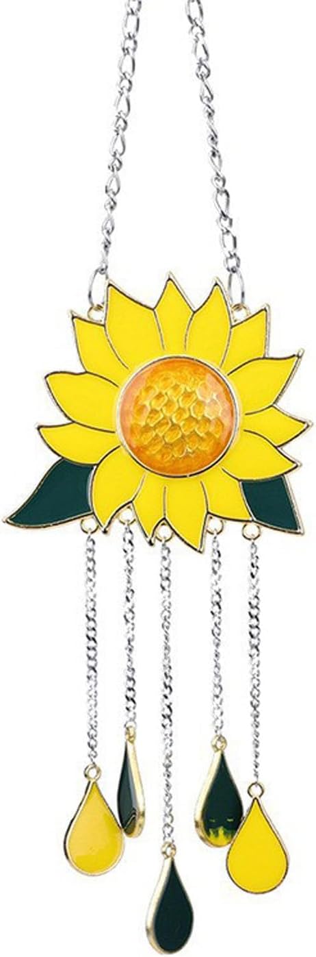 Sunflower Wind Chime Hanging Ornament – Metal & Glass Teardrop Pendant Chime for Window, Balcony, or Garden Decor