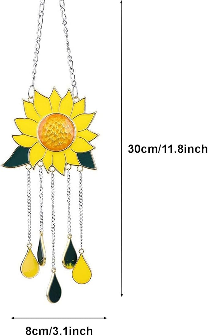 Sunflower Wind Chime Hanging Ornament – Metal & Glass Teardrop Pendant Chime for Window, Balcony, or Garden Decor