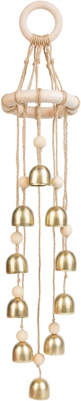 Nordic Minimalist Wooden Bell Wind Chime – Handwoven Natural Rope Chime with 10 Metal Bells & 10 Wooden Beads for Indoor/Outdoor Decor