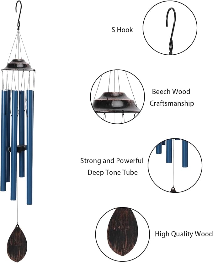 34-Inch Deep Blue Aluminum Wind Chime – Tuned Long Tube Outdoor Chime for Garden, Porch, Balcony & Home Decor