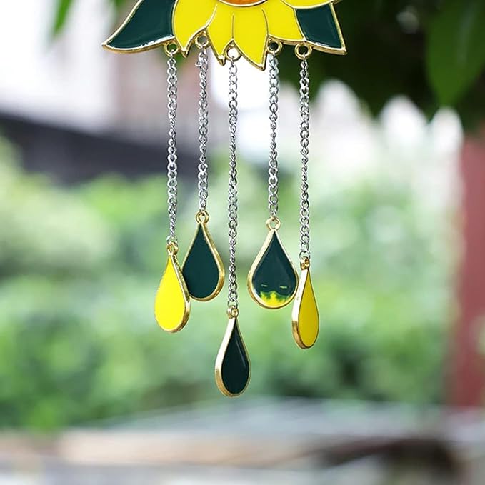 Sunflower Wind Chime Hanging Ornament – Metal & Glass Teardrop Pendant Chime for Window, Balcony, or Garden Decor