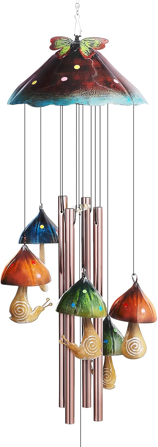 Mushroom & Snail Wind Chime – Hand-Painted Metal Garden Chime with Butterfly Topper for Porch, Balcony, Yard or Fairy Decor