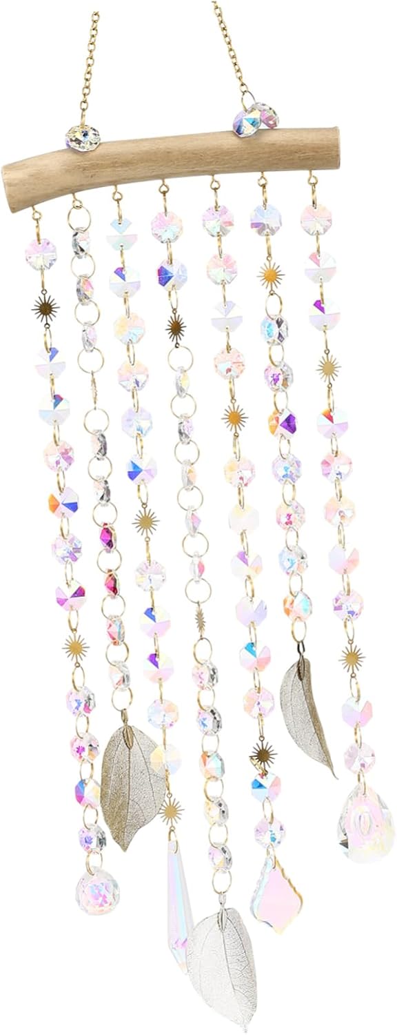 Crystal Suncatcher Wind Chime – Hanging Rainbow Prism Decoration with Gold Leaves & Sun Charms for Window, Balcony, Bedroom Decor