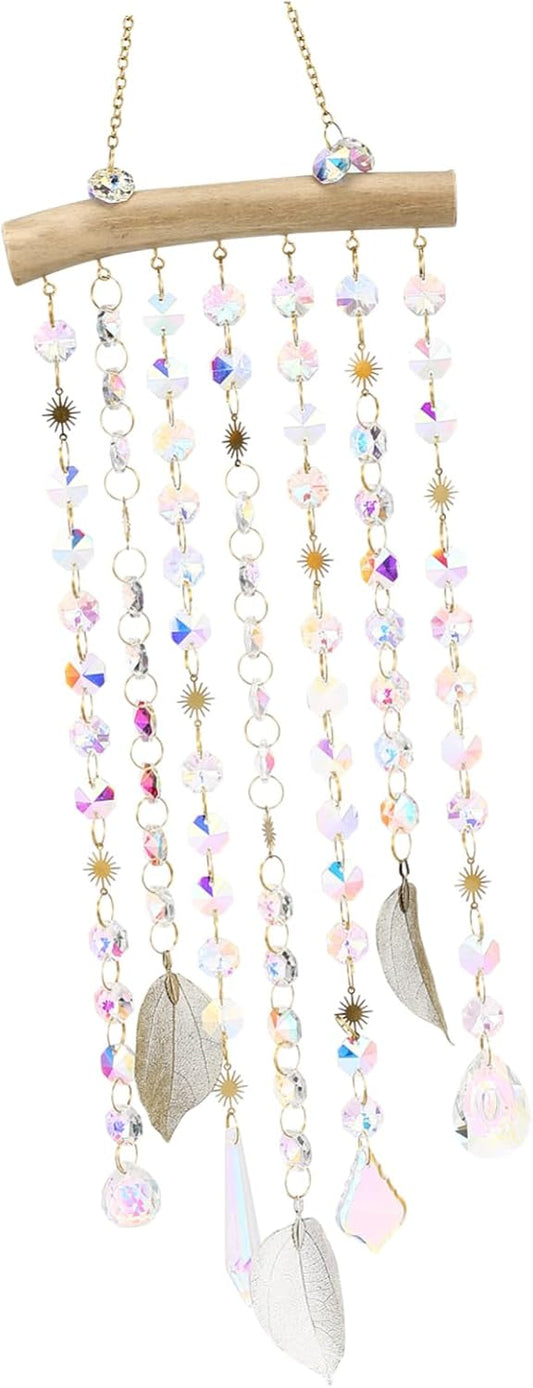 Crystal Suncatcher Wind Chime – Hanging Rainbow Prism Decoration with Gold Leaves & Sun Charms for Window, Balcony, Bedroom Decor