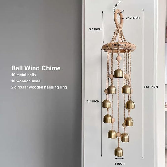 Nordic Minimalist Wooden Bell Wind Chime – Handwoven Natural Rope Chime with 10 Metal Bells & 10 Wooden Beads for Indoor/Outdoor Decor