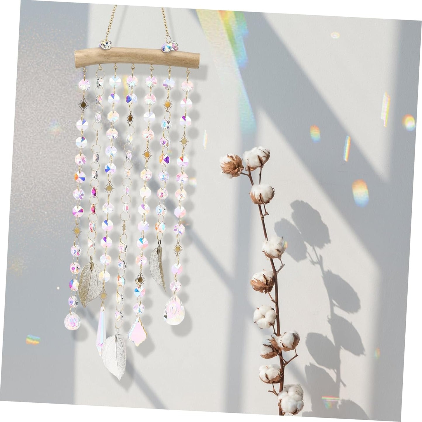 Crystal Suncatcher Wind Chime – Hanging Rainbow Prism Decoration with Gold Leaves & Sun Charms for Window, Balcony, Bedroom Decor