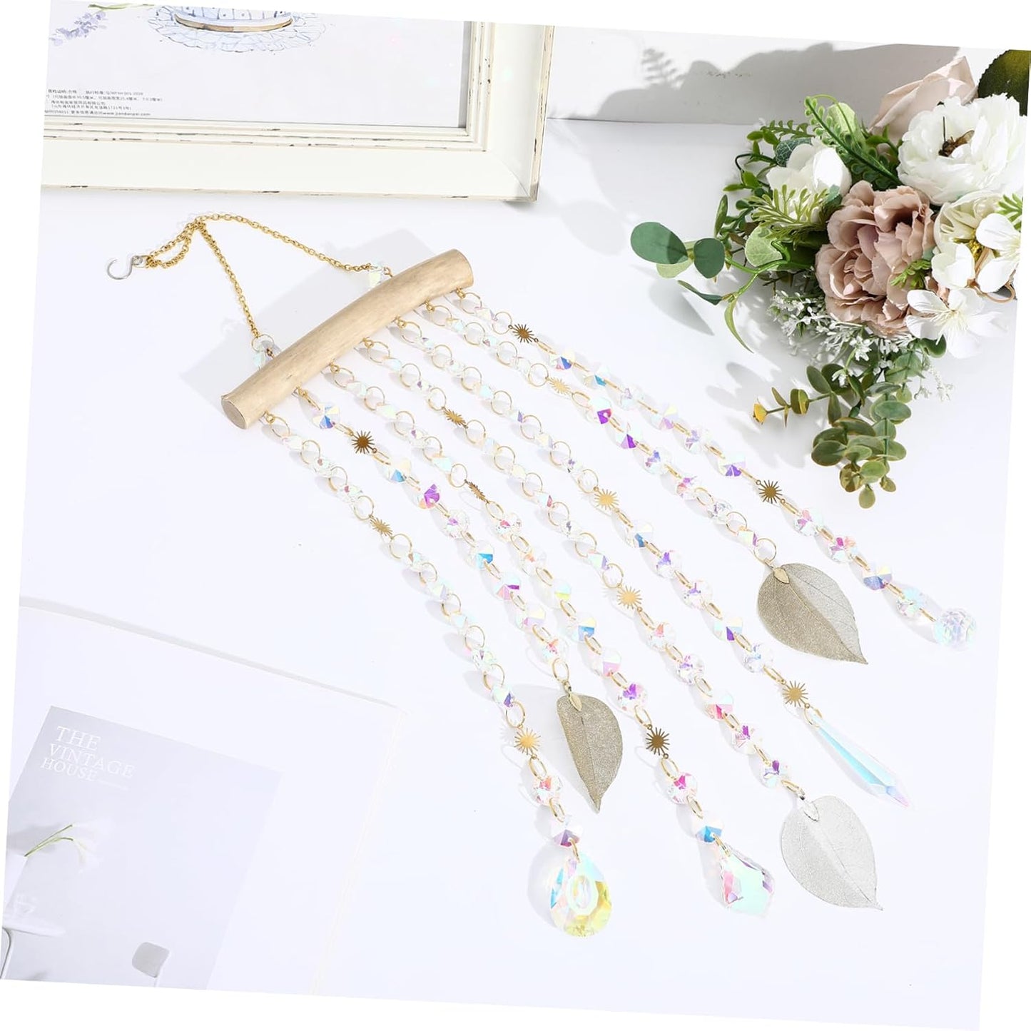 Crystal Suncatcher Wind Chime – Hanging Rainbow Prism Decoration with Gold Leaves & Sun Charms for Window, Balcony, Bedroom Decor