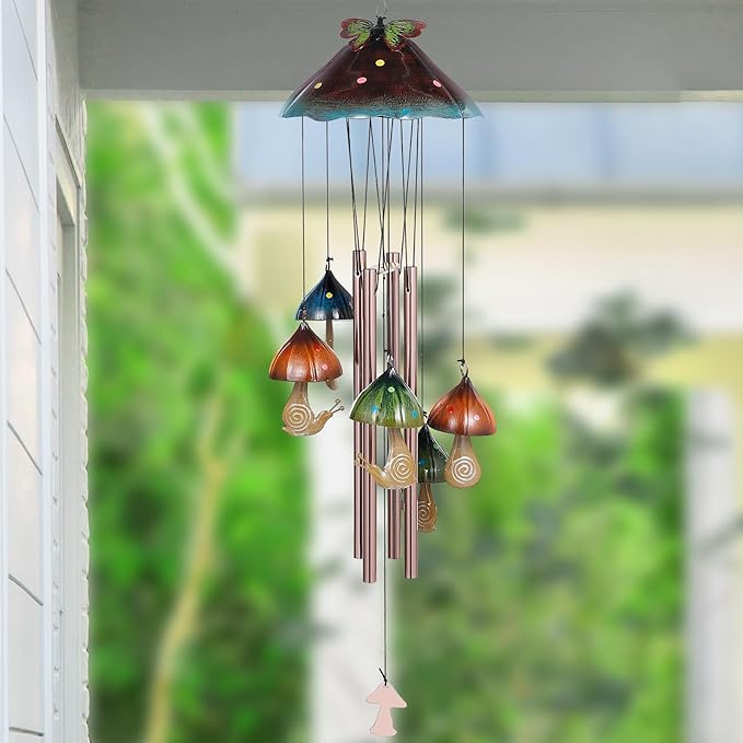 Mushroom & Snail Wind Chime – Hand-Painted Metal Garden Chime with Butterfly Topper for Porch, Balcony, Yard or Fairy Decor