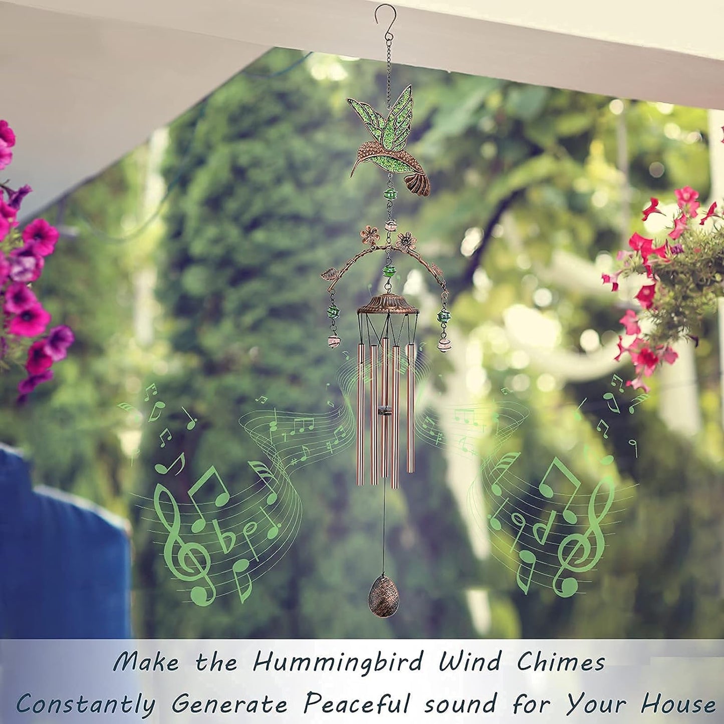 34-Inch Hummingbird Wind Chime – Copper-Finish Metal Tubes with Decorative Flowers and Beads for Garden, Porch, Balcony Decor