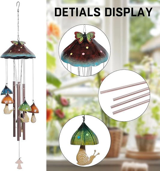 Mushroom & Snail Wind Chime – Hand-Painted Metal Garden Chime with Butterfly Topper for Porch, Balcony, Yard or Fairy Decor