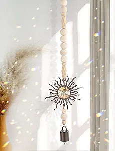Nordic Sun Design Crystal Wind Chime – Wooden Beads & K9 Crystal Hanging Decor for Indoor & Outdoor (30.3 inch)