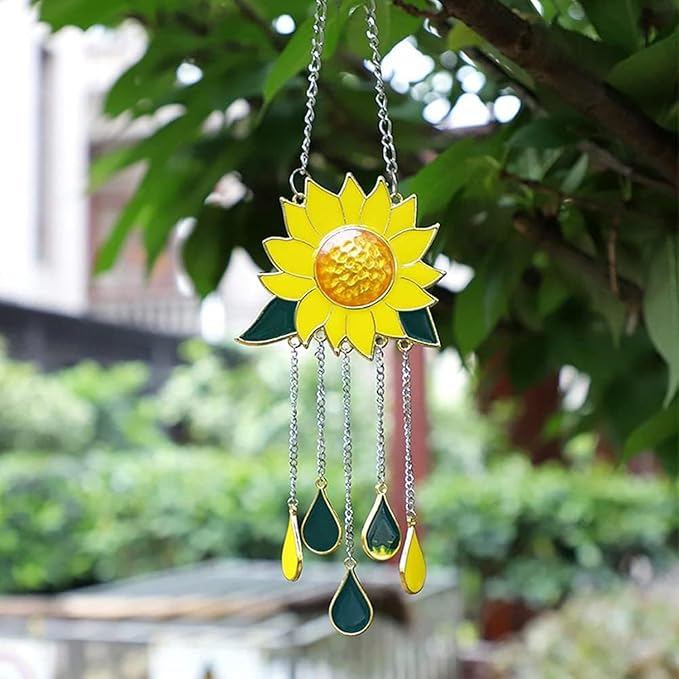 Sunflower Wind Chime Hanging Ornament – Metal & Glass Teardrop Pendant Chime for Window, Balcony, or Garden Decor