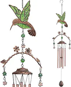 34-Inch Hummingbird Wind Chime – Copper-Finish Metal Tubes with Decorative Flowers and Beads for Garden, Porch, Balcony Decor