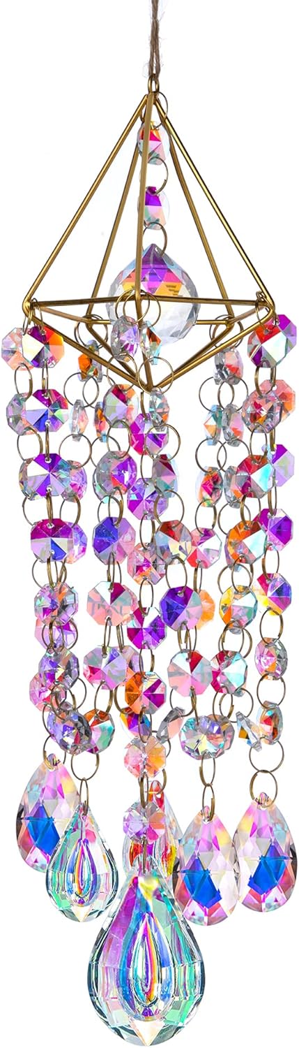12-Inch Crystal Bead Wind Chime – Hanging Suncatcher Prism with Geometric Frame for Window, Garden, Porch or Home Decor