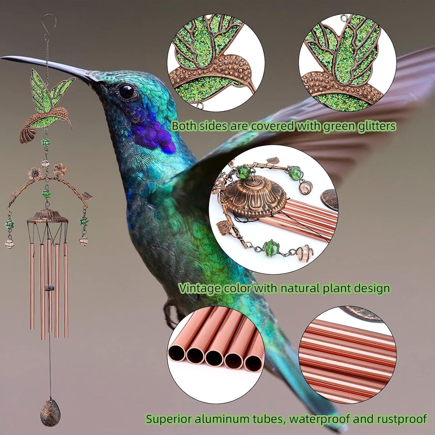 34-Inch Hummingbird Wind Chime – Copper-Finish Metal Tubes with Decorative Flowers and Beads for Garden, Porch, Balcony Decor
