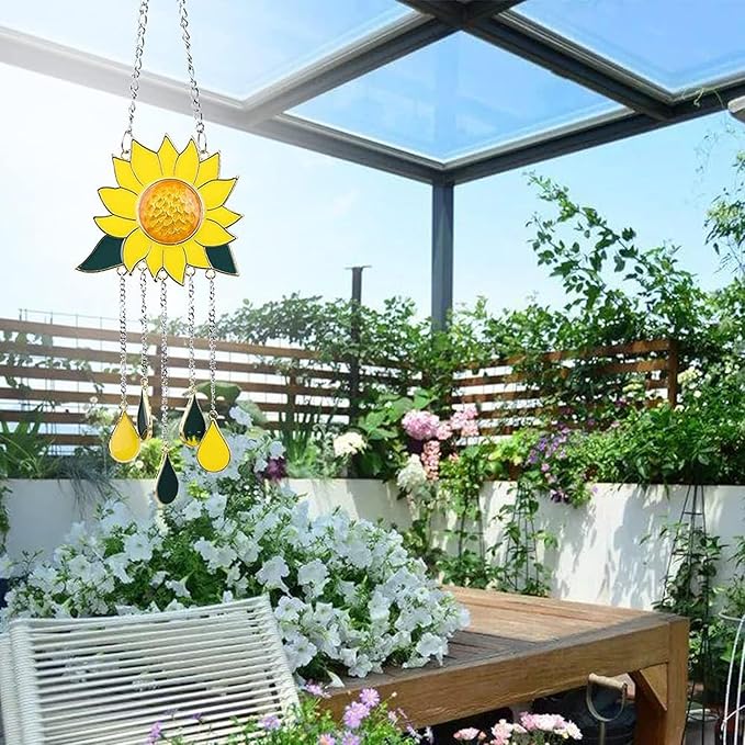 Sunflower Wind Chime Hanging Ornament – Metal & Glass Teardrop Pendant Chime for Window, Balcony, or Garden Decor