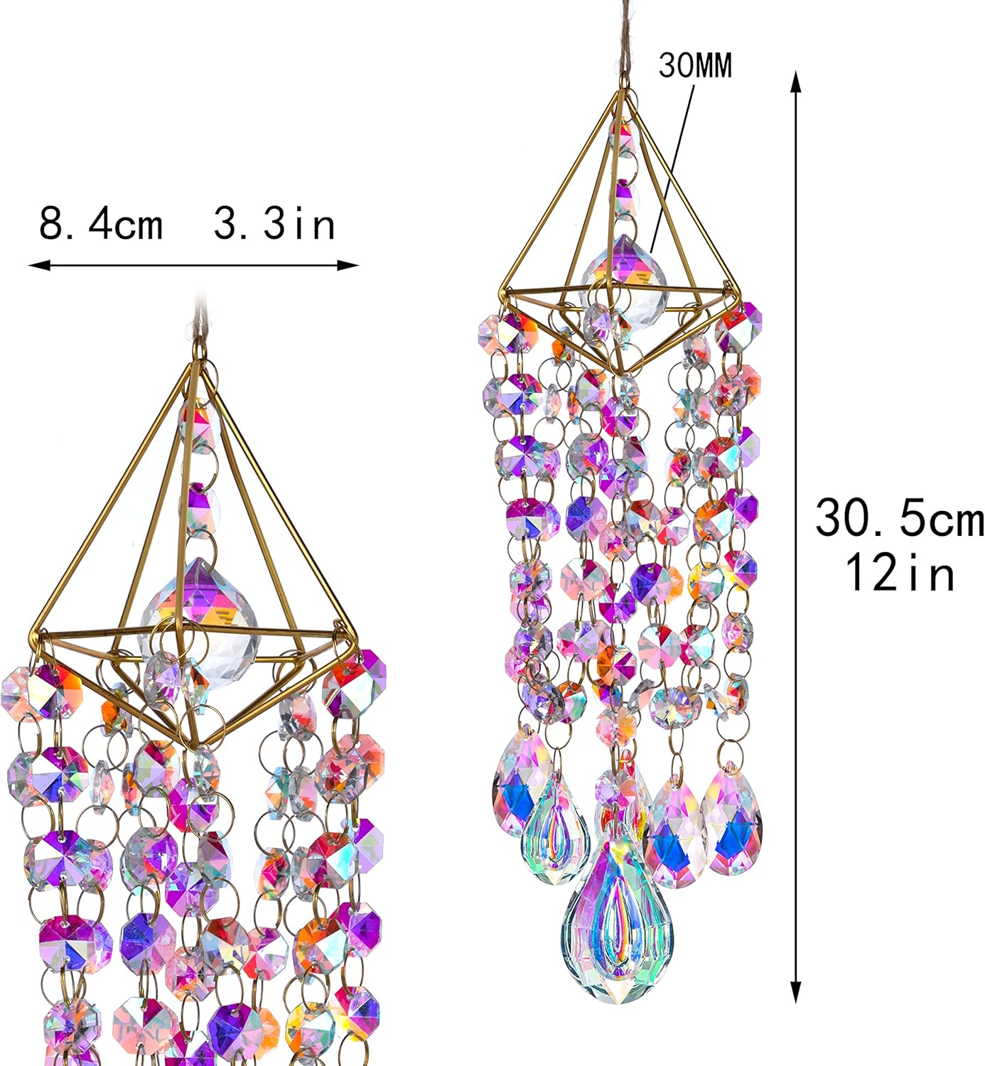 12-Inch Crystal Bead Wind Chime – Hanging Suncatcher Prism with Geometric Frame for Window, Garden, Porch or Home Decor