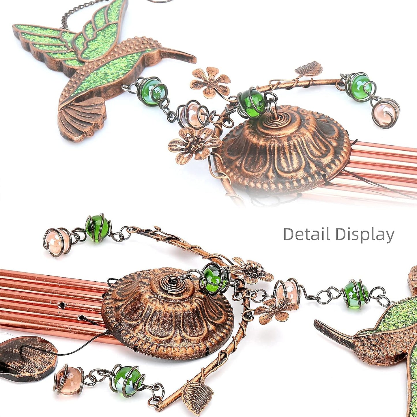 34-Inch Hummingbird Wind Chime – Copper-Finish Metal Tubes with Decorative Flowers and Beads for Garden, Porch, Balcony Decor