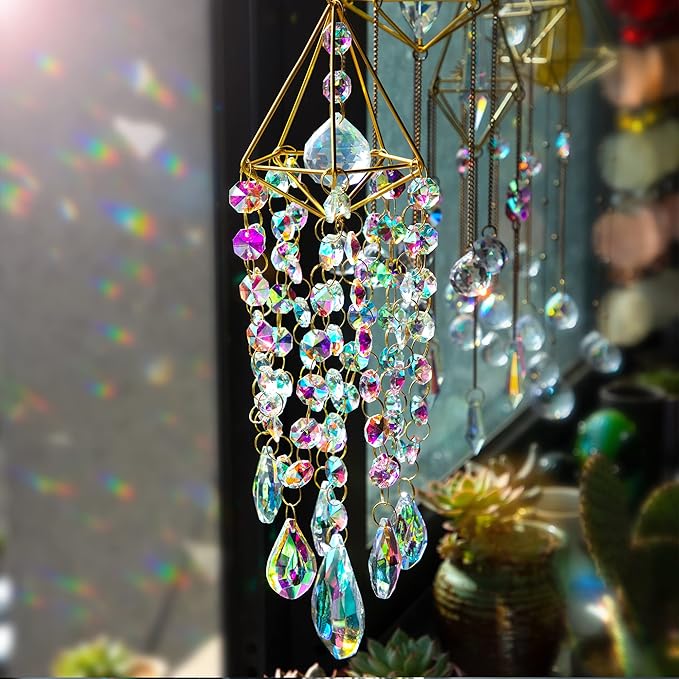 12-Inch Crystal Bead Wind Chime – Hanging Suncatcher Prism with Geometric Frame for Window, Garden, Porch or Home Decor