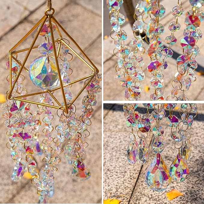 12-Inch Crystal Bead Wind Chime – Hanging Suncatcher Prism with Geometric Frame for Window, Garden, Porch or Home Decor