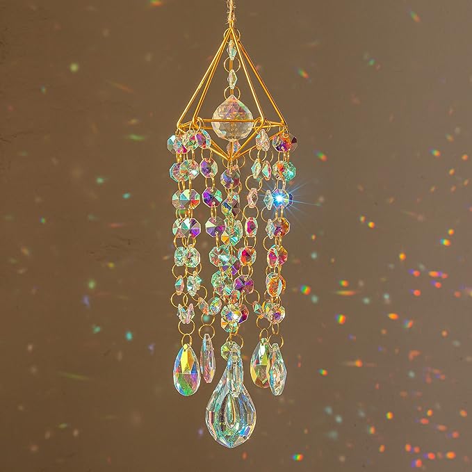 12-Inch Crystal Bead Wind Chime – Hanging Suncatcher Prism with Geometric Frame for Window, Garden, Porch or Home Decor