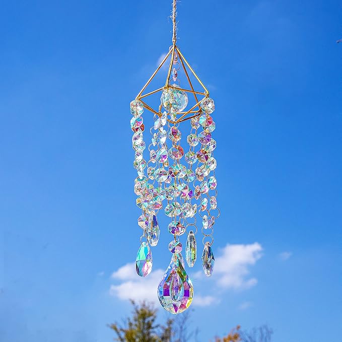 12-Inch Crystal Bead Wind Chime – Hanging Suncatcher Prism with Geometric Frame for Window, Garden, Porch or Home Decor